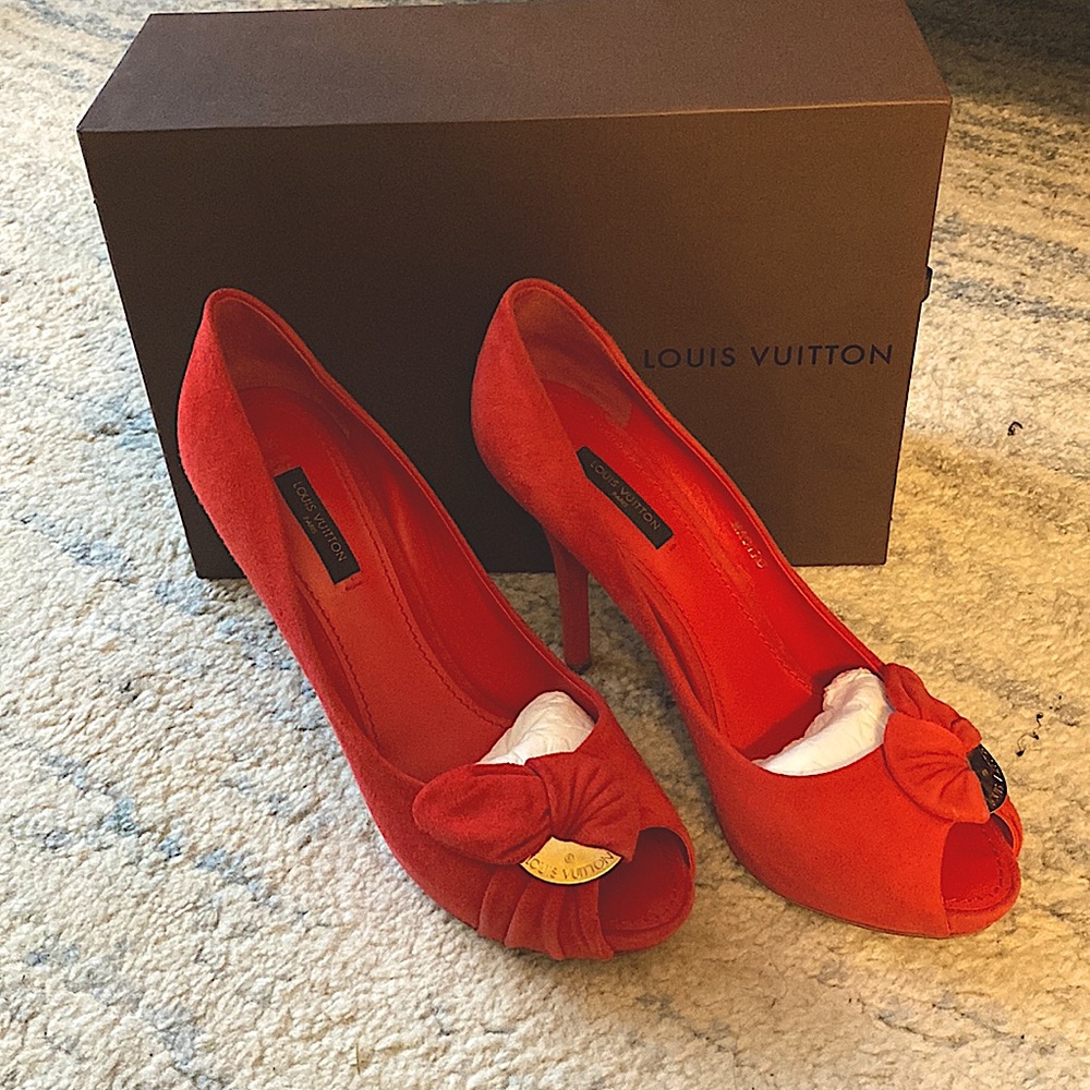 Louis Vuitton Red Suede Peep Toe Heels with Gold Emblem